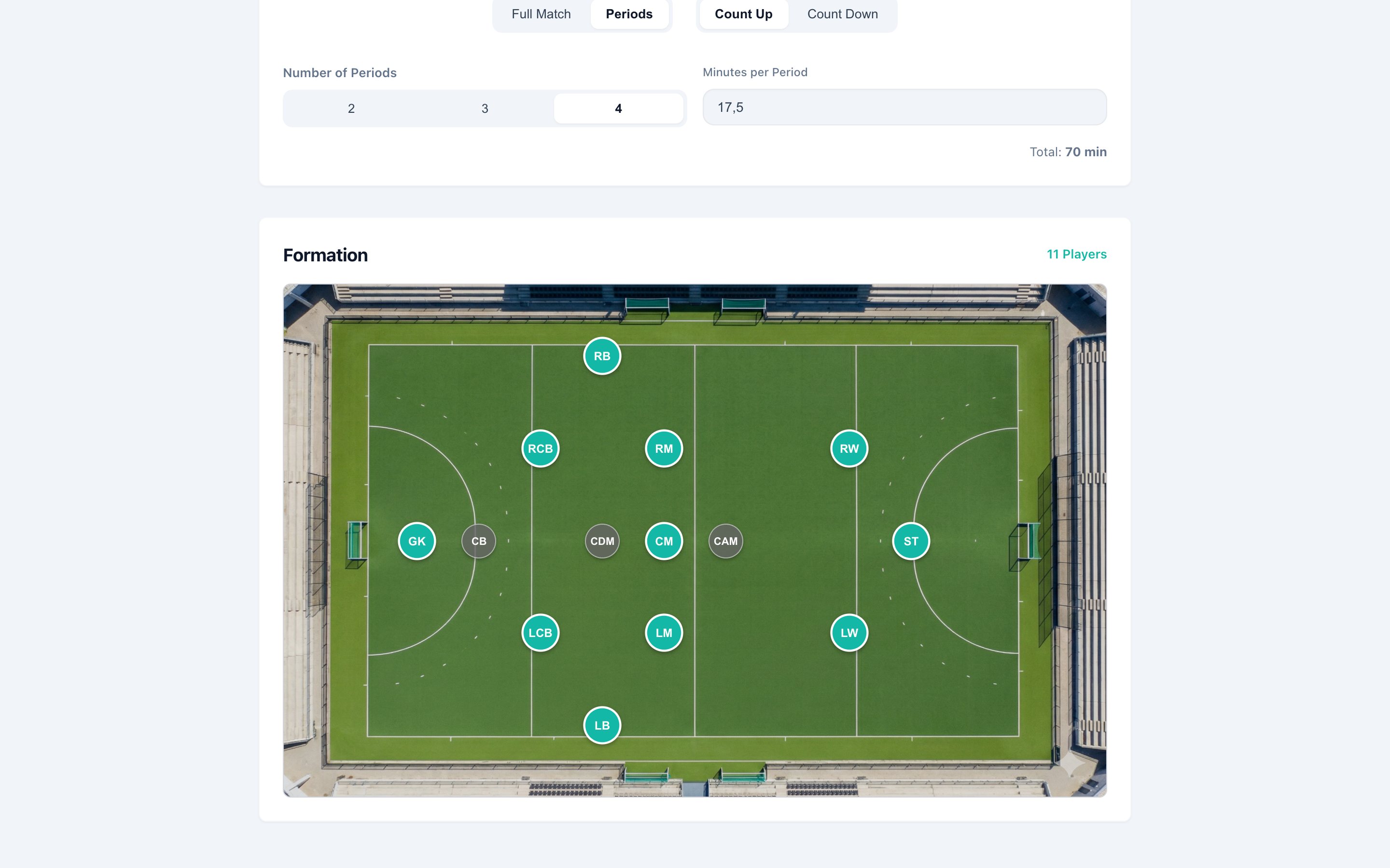 Het scherm Match Config: instellingen voor het aantal perioden en de minuten per periode, met daaronder de opstelling als posities op een hockeyveld gezien van bovenaf.