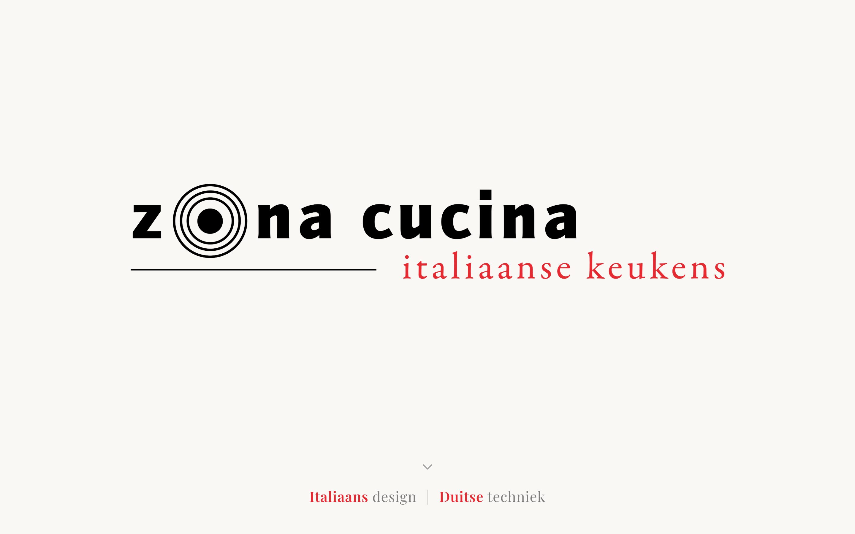 De homepage van Zona Cucina: een vrijwel lege crèmekleurige pagina met alleen het woordmerk, waarin de o een kookpit van bovenaf is, en de regel italiaanse keukens in rood eronder.