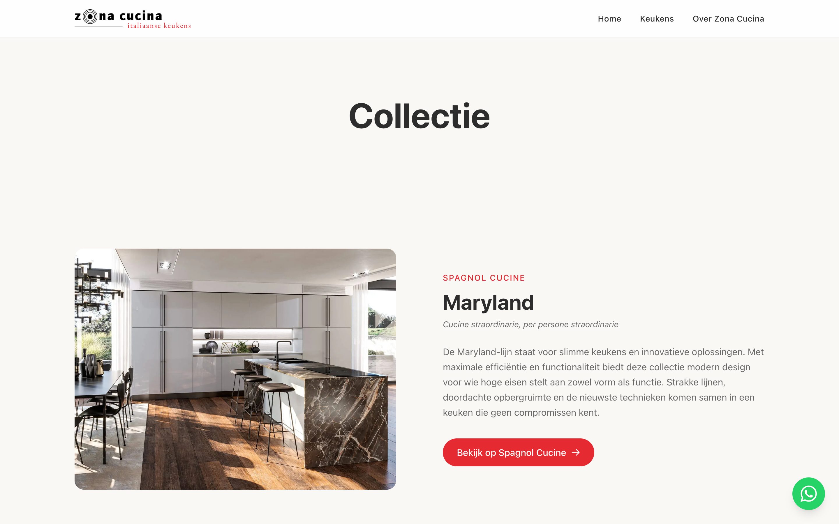 De collectiepagina: links een grote keukenfoto, rechts de naam Maryland met een Italiaanse ondertitel, een beschrijving en een knop naar de catalogus van Spagnol Cucine.